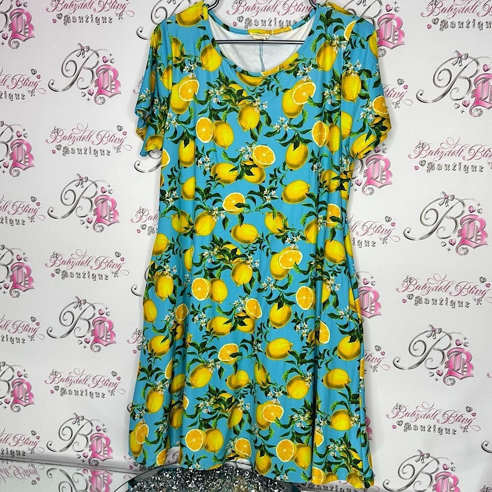 Yelete dress Lemon Print Blue yellow pockets on sides Tshirt style